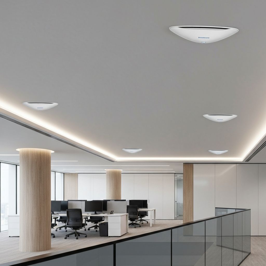 Enterprise WiFi installation with modern access points in office