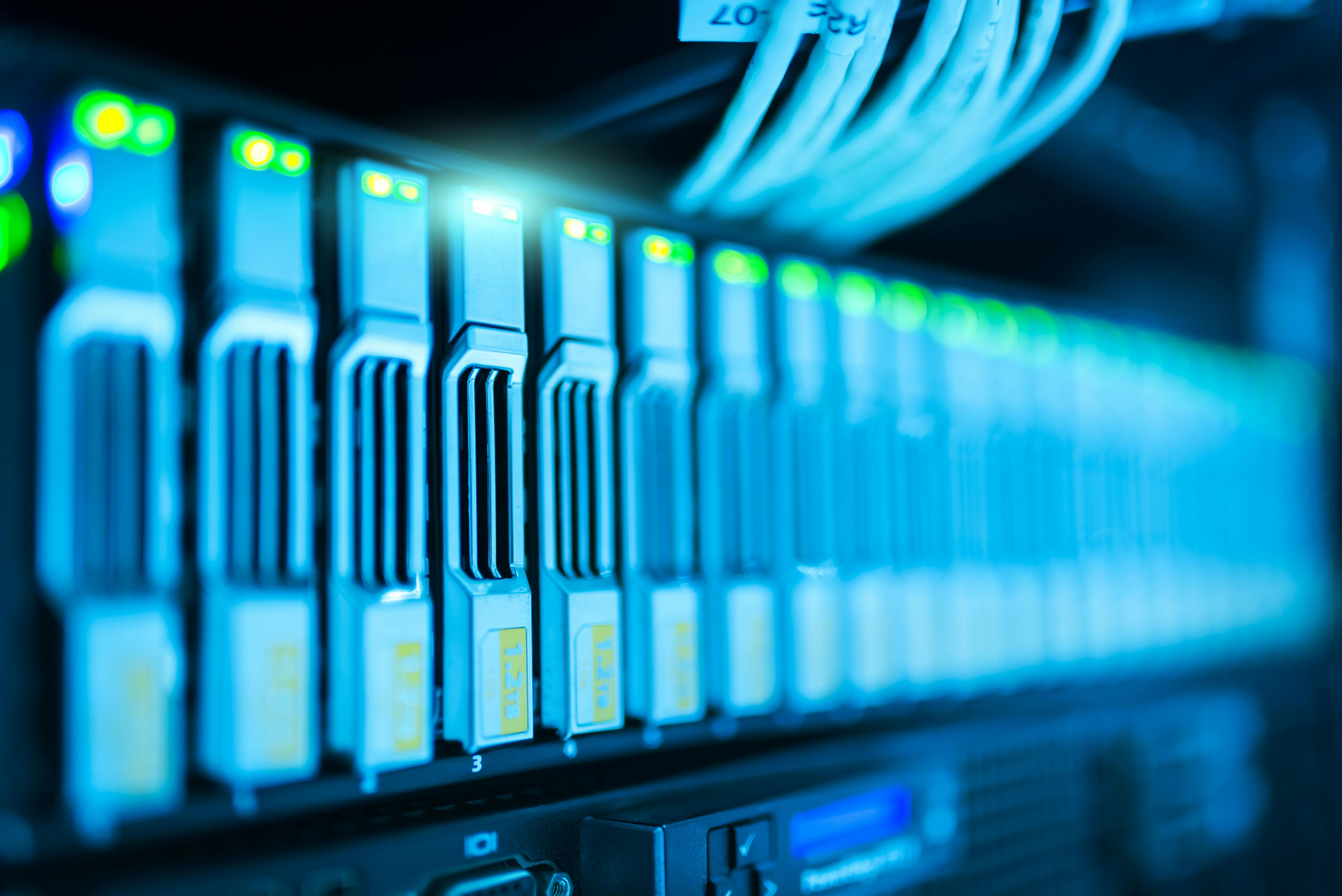 Server infrastructure and data center equipment with blue LED indicators