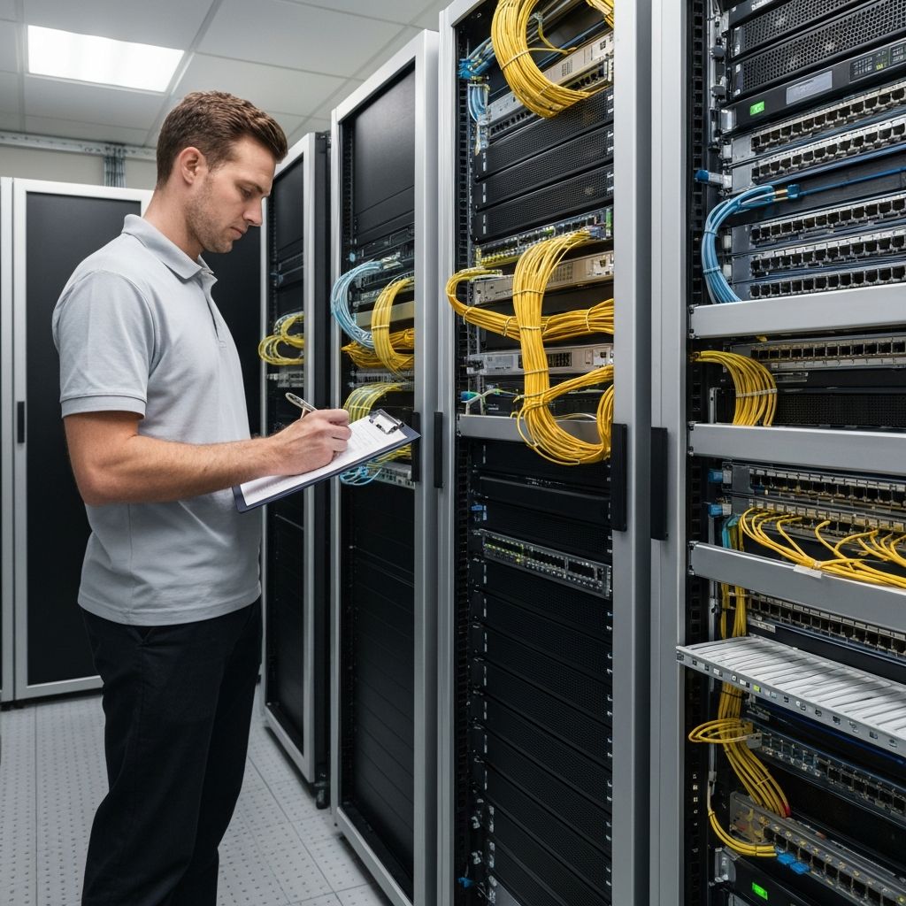 Professional network cabling installation with organised patch panels