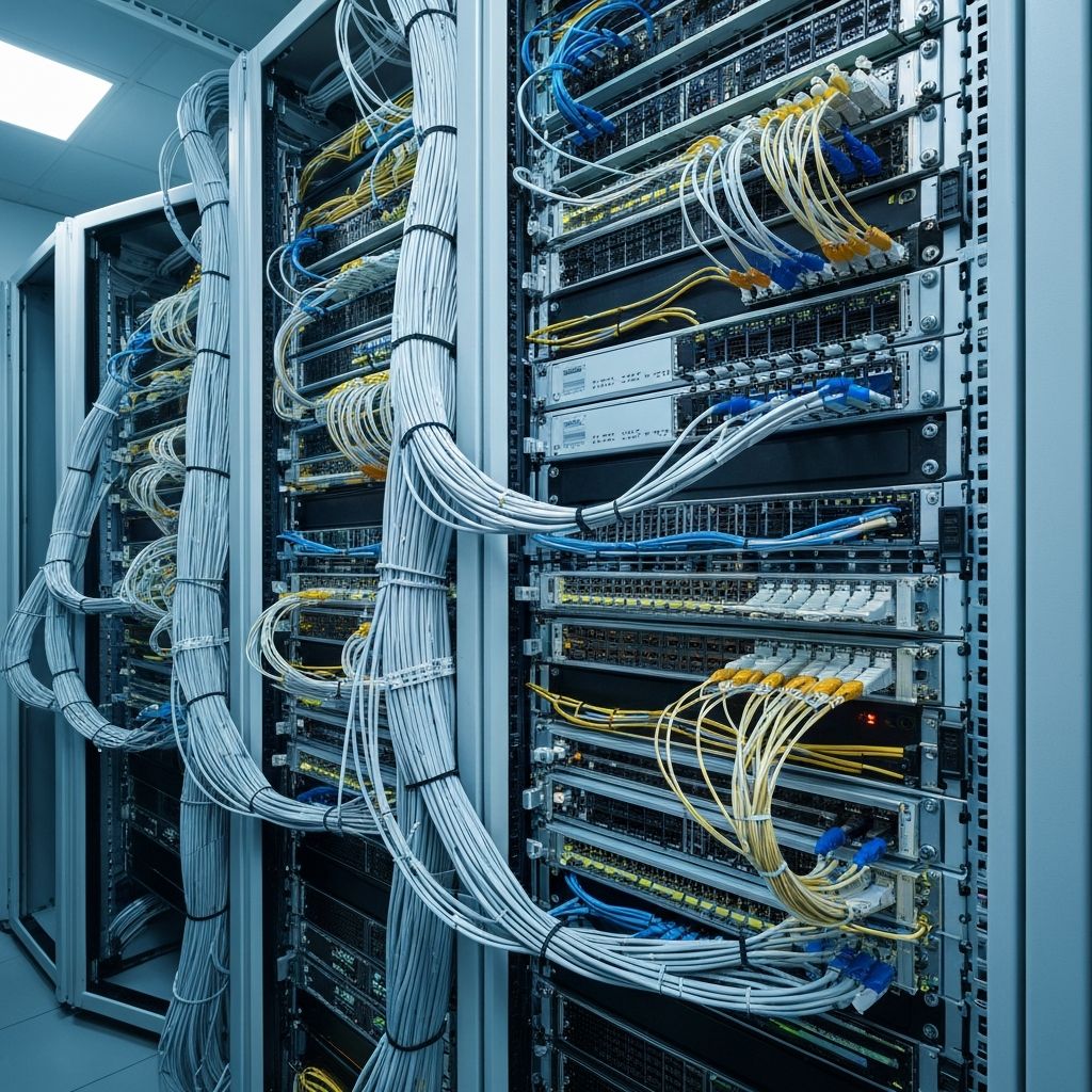 Professional data cabling installation showing structured network cables in server room